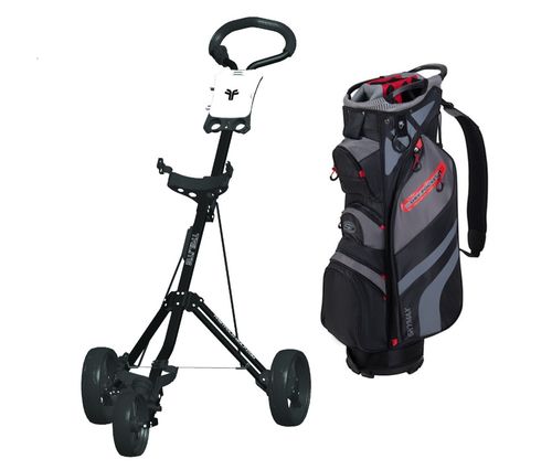 Combi Deal Fastfold Trilite 3 wiel trolley + Skymax Light Weight Cartbag 9,5 inch zwart/rood